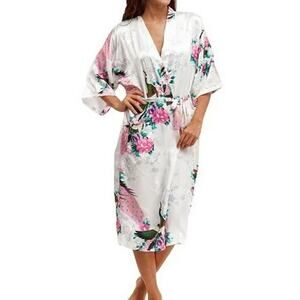 Singapore Premium Quality Robe Womens OS White Floral peacock Asian Satin Regal